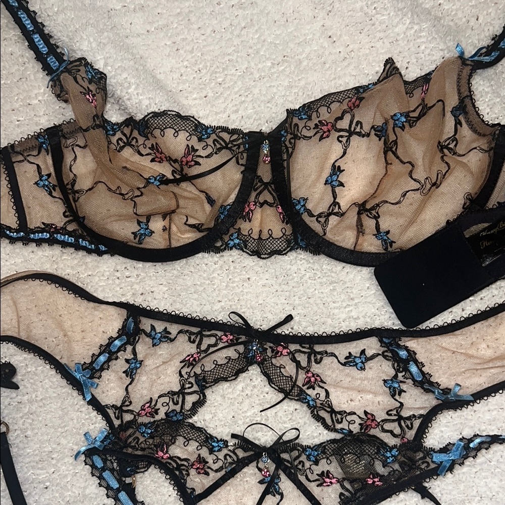 Honey Birdette 3 piece black floral pink and blue